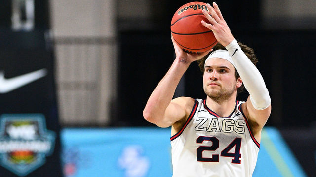 LAS VEGAS, NV - MARCH 09: Gonzaga forward Corey Kispert (24) shoots a three pointer during the championship game of the men's West Coast Conference basketball tournament between the BYU Cougars and the Gonzaga Bulldogs on March 9, 2021, at the Orleans Arena in Las Vegas, NV.