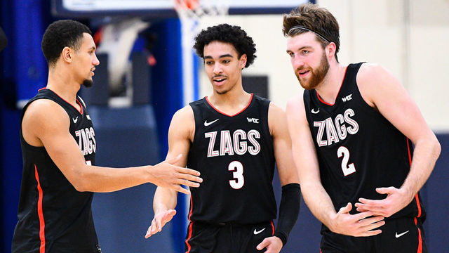 MALIBU, CA - JANUARY 30: Gonzaga guard Jalen Suggs (1), Gonzaga guard Andrew Nembhard (3) and Gonzaga forward Drew Timme (2) celebrate during the college basketball game between the Gonzaga Bulldogs and the Pepperdine Waves on January 30, 2021 at the Firestone Fieldhouse in Malibu, CA. The game was played without fans due to the COVID-19 pandemic.