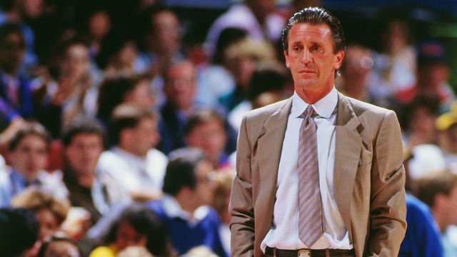 LOS ANGELES, CA - 1987: Head Coach Pat Riley of the Los Angeles Lakers looks on during a game circa 1987 at The Forum in Los Angeles, California. NOTE TO USER: User expressly acknowledges and agrees that, by downloading and/or using this Photograph, user is consenting to the terms and conditions of the Getty Images License Agreement. Mandatory Copyright Notice: Copyright 1987 NBAE