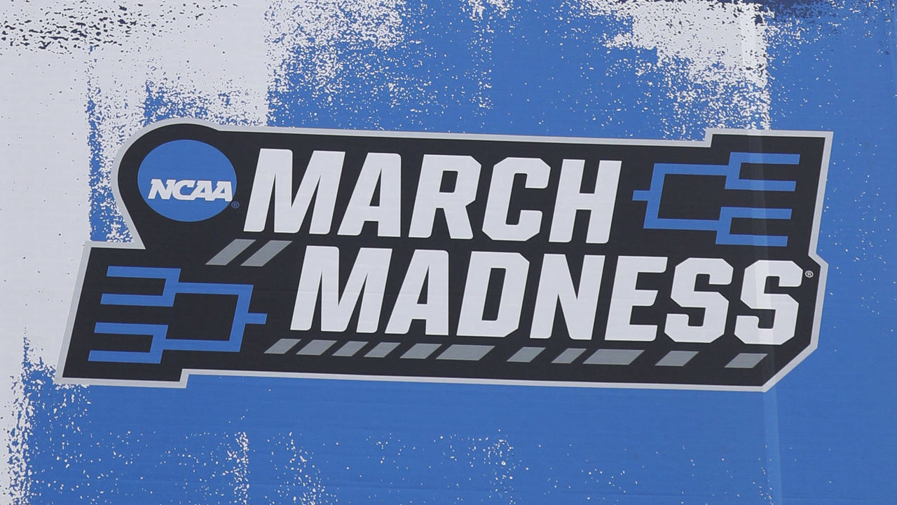 INDIANAPOLIS, IN - MARCH 9: A generic view of a large March Madness banner hanging from Bankers Life Fieldhouse before the 2021 NCAA Men's Final Four as seen on March 9, 2021 in Indianapolis, IN.