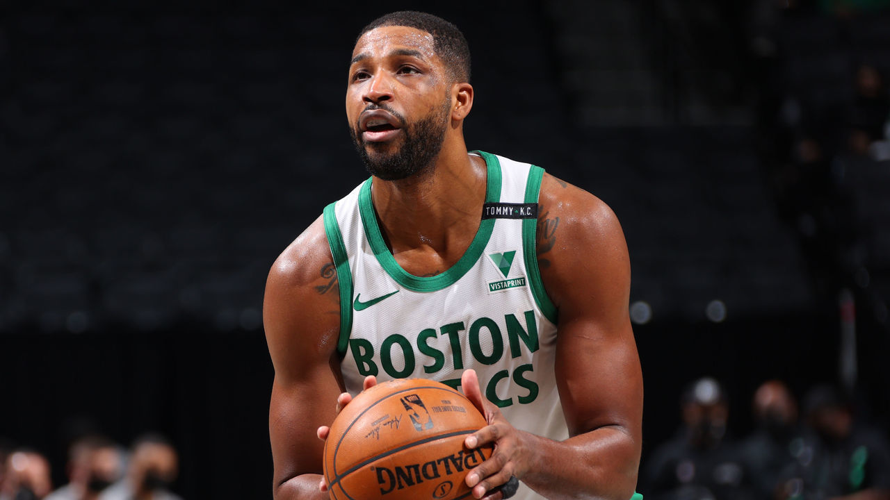 BROOKLYN, NY - MARCH 11: Tristan Thompson #13 of the Boston Celtics shoots the ball during the game against the Brooklyn Nets on March 11, 2021 at Barclays Center in Brooklyn, New York. Mandatory Copyright Notice: Copyright 2021 NBAE