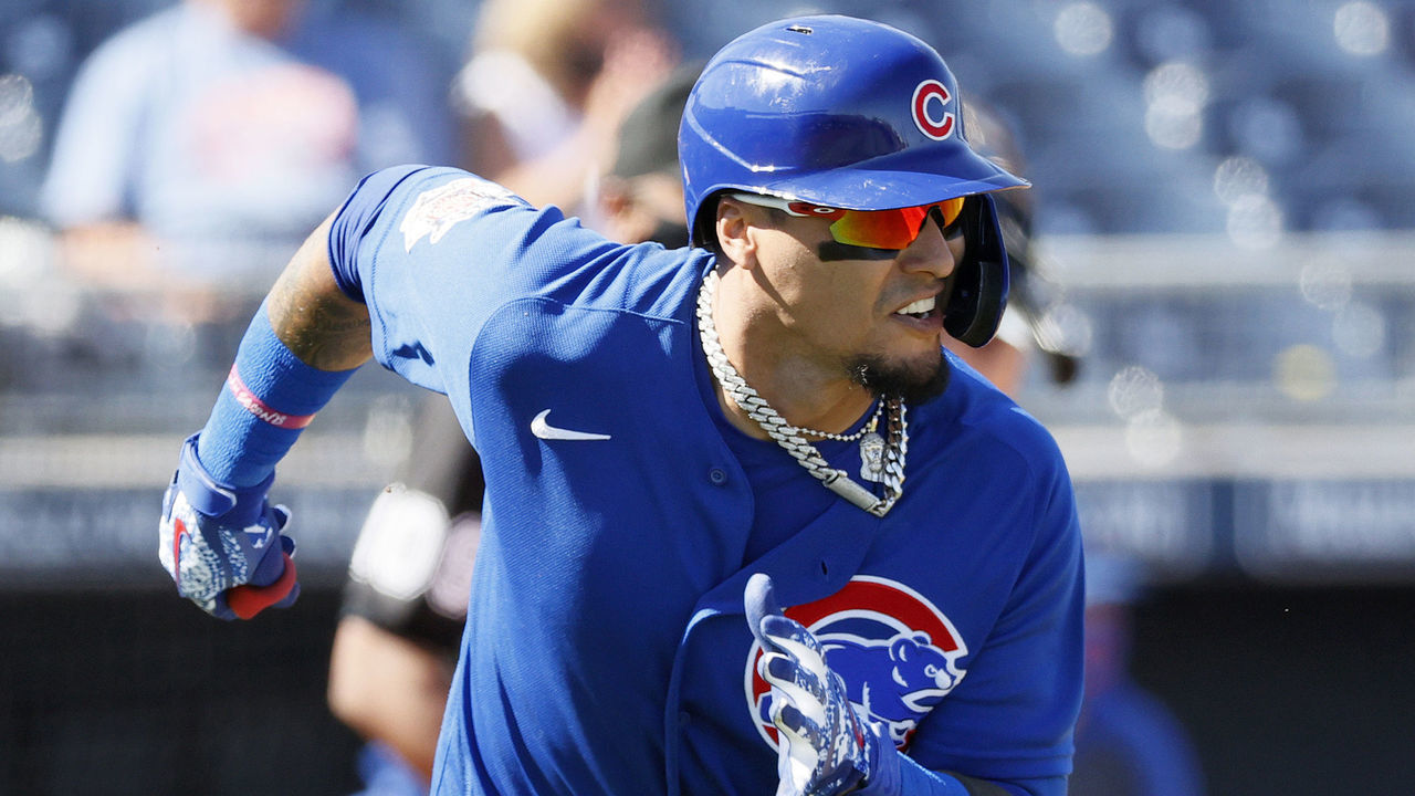 PEORIA, ARIZONA - MARCH 01: Javier Baez #9 of the Chicago Cubs in action against the San Diego Padres during the MLB spring training game at Peoria Sports Complex on March 01, 2021 in Peoria, Arizona.