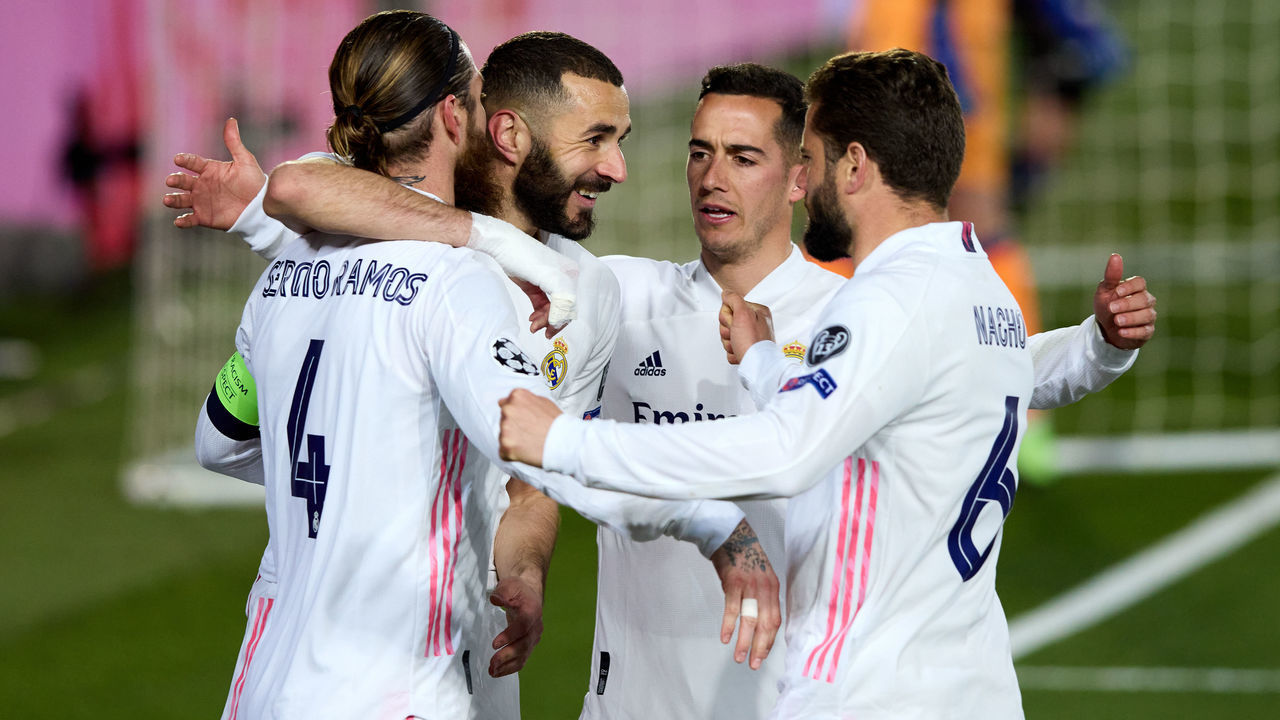 MADRID, SPAIN - MARCH 16: Sergio Ramos of Real Madrid celebrates with team mates after scoring their side's second during the UEFA Champions League Round of 16 match between Real Madrid and Atalanta at Estadio Alfredo Di Stefano on March 16, 2021 in Madrid, Spain. Sporting stadiums around Spain remain under strict restrictions due to the Coronavirus Pandemic as Government social distancing laws prohibit fans inside venues resulting in games being played behind closed doors.