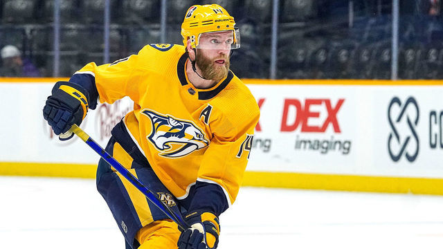 NASHVILLE, TN - MARCH 4: Mattias Ekholm #14 of the Nashville Predators skates against the Florida Panthers at Bridgestone Arena on March 4, 2021 in Nashville, Tennessee.