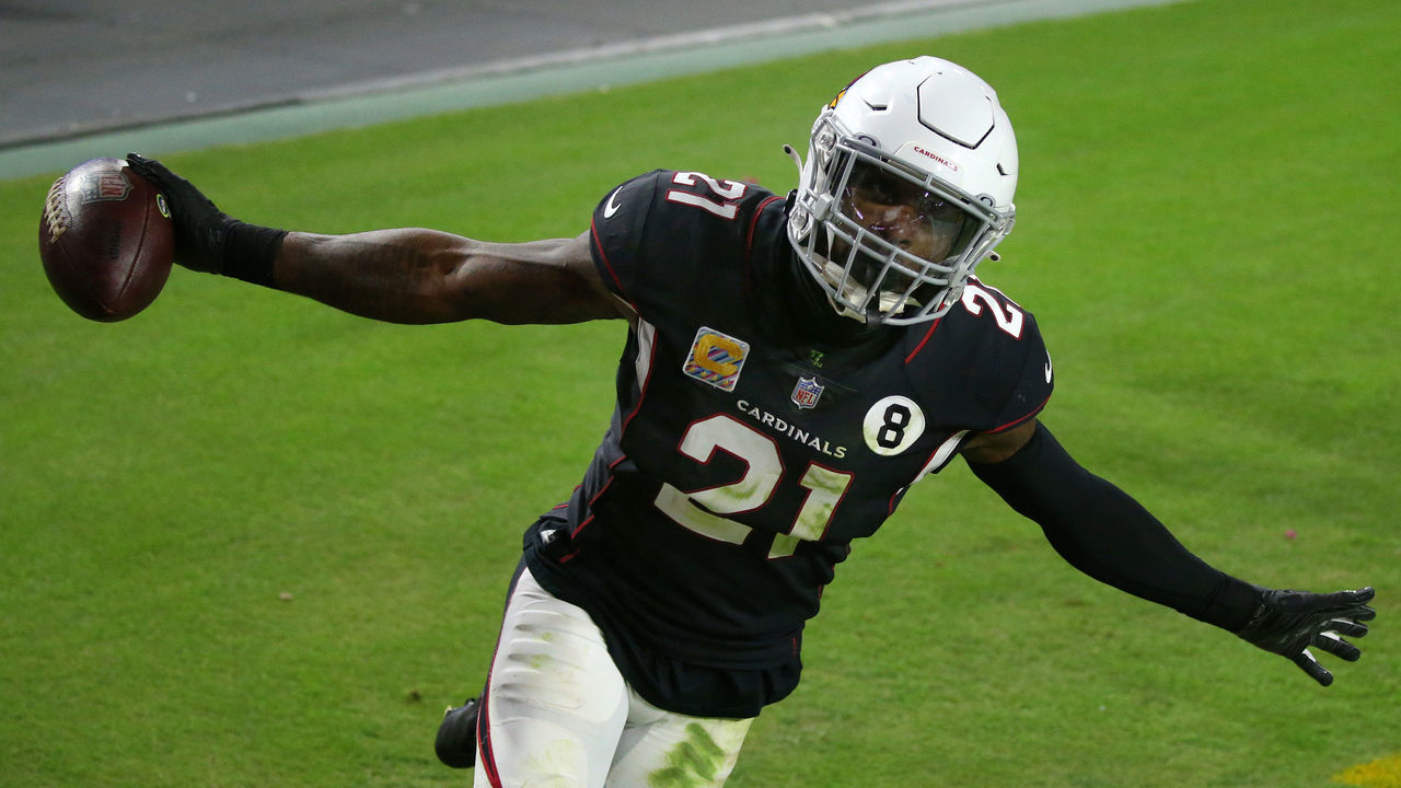 GLENDALE, ARIZONA - OCTOBER 25: Cornerback Patrick Peterson #21 of the Arizona Cardinals celebrates in the end zone his interception of a pass by quarterback Russell Wilson #3 of the Seattle Seahawks in the fourth quarter of the game at State Farm Stadium on October 25, 2020 in Glendale, Arizona.