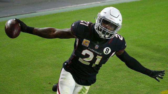 GLENDALE, ARIZONA - OCTOBER 25: Cornerback Patrick Peterson #21 of the Arizona Cardinals celebrates in the end zone his interception of a pass by quarterback Russell Wilson #3 of the Seattle Seahawks in the fourth quarter of the game at State Farm Stadium on October 25, 2020 in Glendale, Arizona.