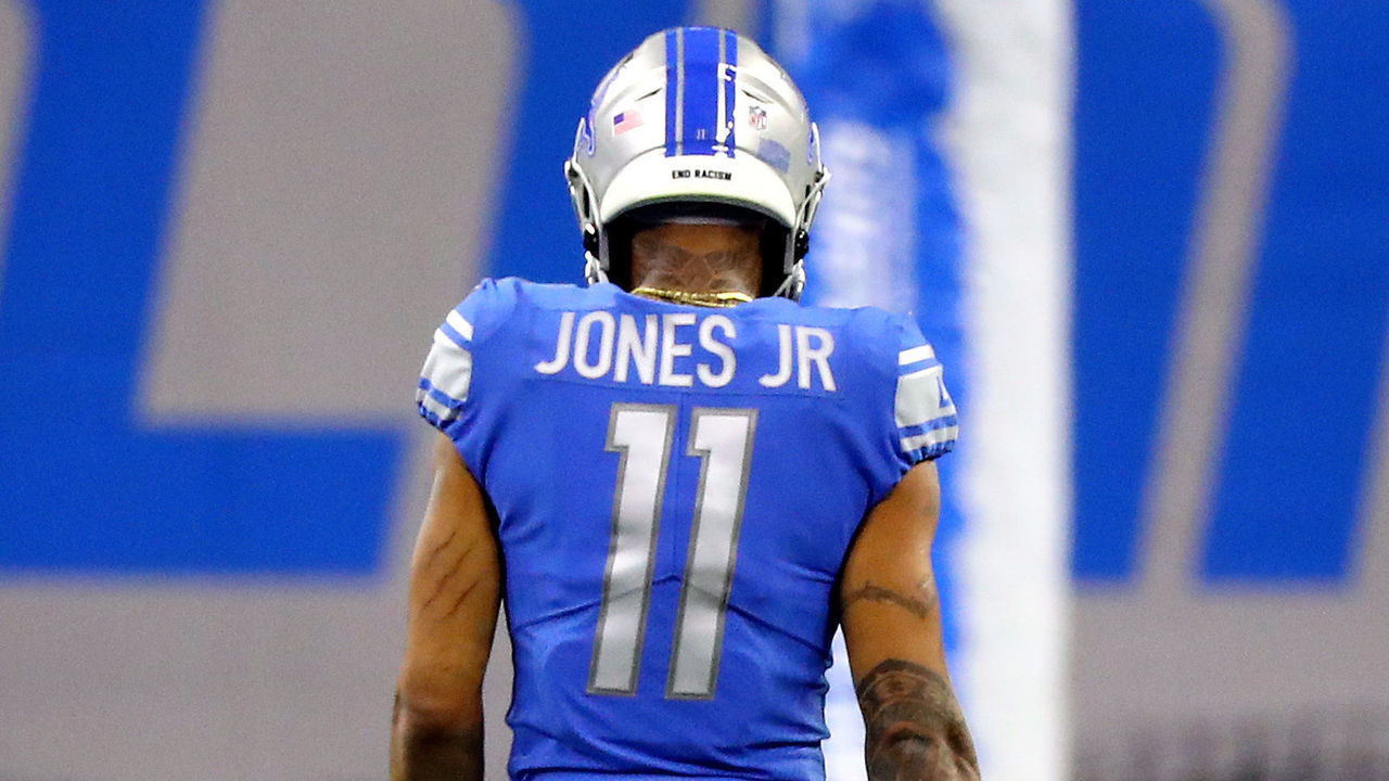 DETROIT, MICHIGAN - DECEMBER 13: Marvin Jones Jr. #11 of the Detroit Lions reacts during the second half against the Green Bay Packers at Ford Field on December 13, 2020 in Detroit, Michigan.