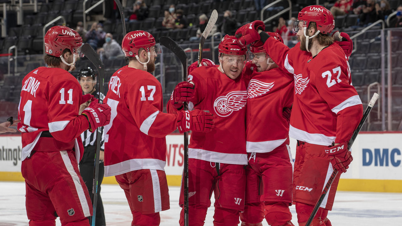 DETROIT, MI - MARCH 16: Filip Zadina #11, Filip Hronek #17, Dylan Larkin #71 and Michael Rasmussen #27 of the Detroit Red Wings congratulate teammate Adam Erne #73 after he scores a goal during the first period of an NHL game against the Carolina Hurricanes at Little Caesars Arena on March 16, 2021 in Detroit, Michigan.