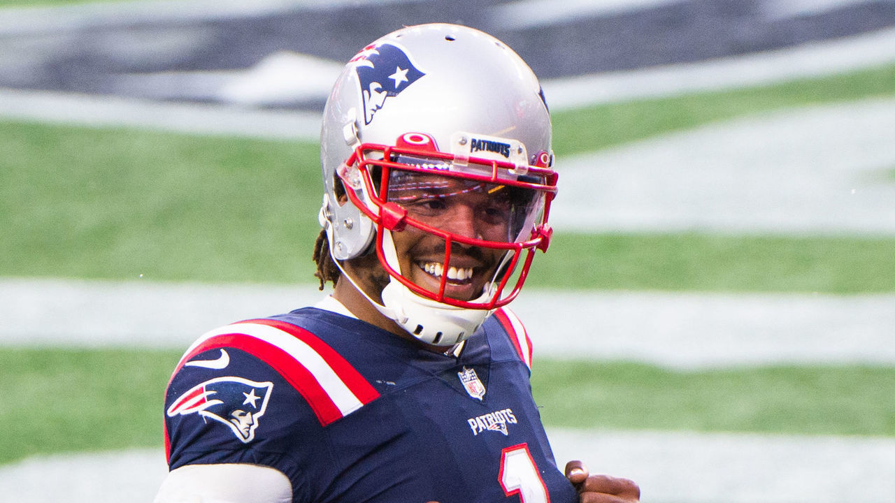 FOXBOROUGH, MA - JANUARY 3, 2021: Cam Newton #1 of the New England Patriots celebrates after scoring a touchdown in the second half against the New York Jets at Gillette Stadium on January 3, 2021 in Foxborough, Massachusetts.