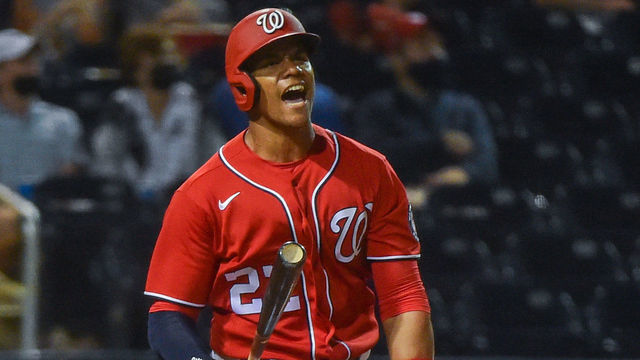 WEST PALM BEACH, FL - MARCH 13: Juan Soto #22 of the Washington Nationals reacts after hitting a fly ball during the third inning of the Spring Training game against the New York Mets at The Ballpark of The Palm Beaches on March 13, 2021 in West Palm Beach, Florida.