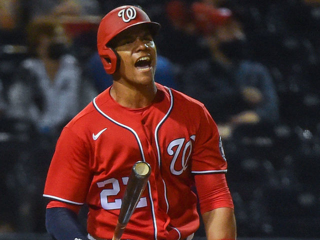 WEST PALM BEACH, FL - MARCH 13: Juan Soto #22 of the Washington Nationals reacts after hitting a fly ball during the third inning of the Spring Training game against the New York Mets at The Ballpark of The Palm Beaches on March 13, 2021 in West Palm Beach, Florida.