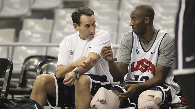 BARCELONA, SPAIN - JULY 23: Kobe Bryant #10 and Mike Krzyzewski Head Coach of the US Men's Senior National team are talking during practice at Palau Sant Jordi Arena on July 23, 2012 in Barcelona, Spain. Mandatory Copyright Notice: Copyright 2012 NBAE