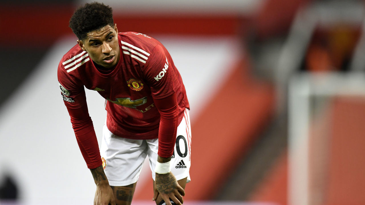 Manchester United's Marcus Rashford reacts during the Premier League match at Old Trafford, Manchester. Picture date: Sunday March 14, 2021.