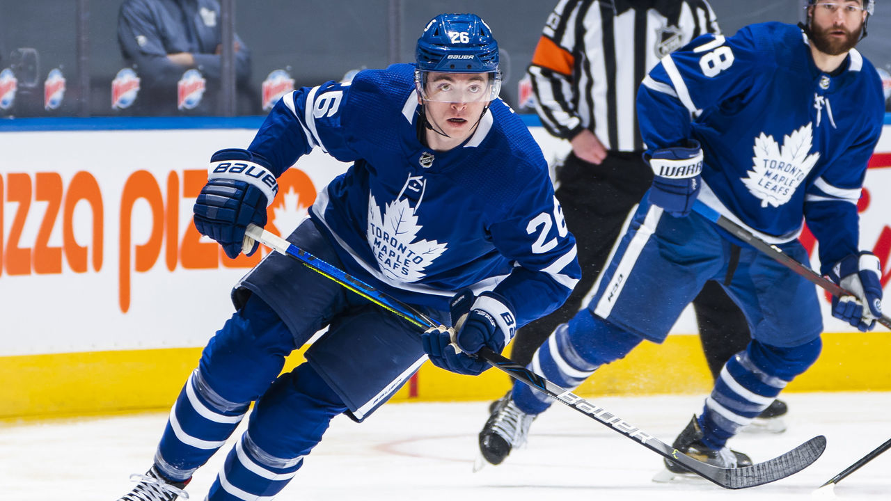 TORONTO, ON - JANUARY 18: Jimmy Vesey #26 of the Toronto Maple Leafs skates against the Winnipeg Jets during the first period at the Scotiabank Arena on January 18, 2021 in Toronto, Ontario, Canada.