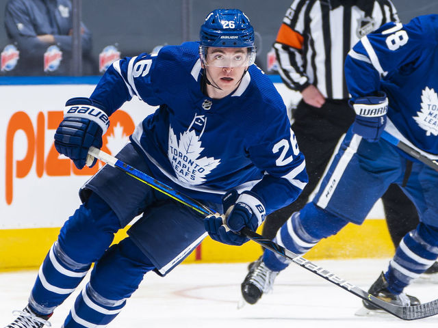 TORONTO, ON - JANUARY 18: Jimmy Vesey #26 of the Toronto Maple Leafs skates against the Winnipeg Jets during the first period at the Scotiabank Arena on January 18, 2021 in Toronto, Ontario, Canada.