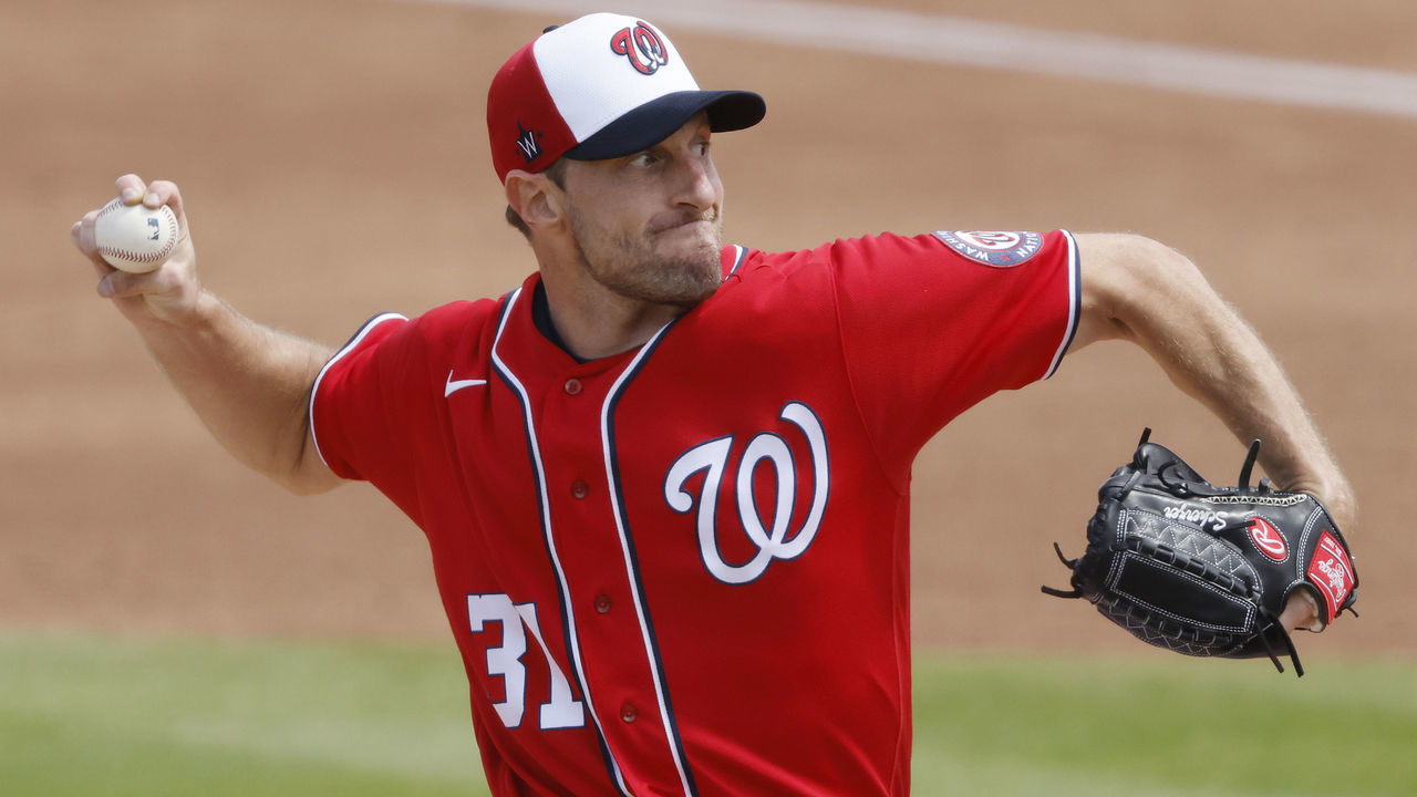 WEST PALM BEACH, FLORIDA - MARCH 10: Max Scherzer #31 of the Washington Nationals delivers a pitch against the St. Louis Cardinals in the second inning of a Grapefruit League spring training game at FITTEAM Ballpark of The Palm Beaches on March 10, 2021 in West Palm Beach, Florida.