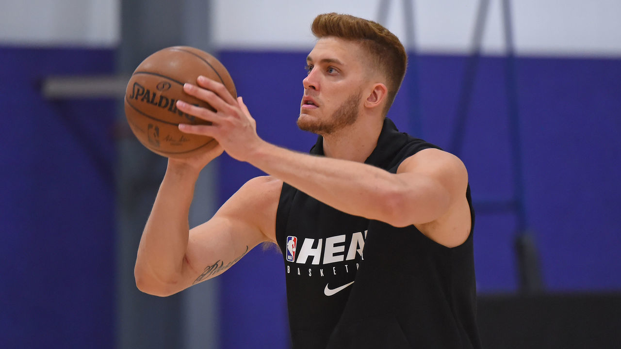 ORLANDO, FL - JULY 14: Meyers Leonard #0 of the Miami Heat shoots the ball during practice as part of the NBA Restart 2020 on July 14, 2020 in Orlando, Florida. NOTE TO USER: User expressly acknowledges and agrees that, by downloading and/or using this photograph, user is consenting to the terms and conditions of the Getty Images License Agreement. Mandatory Copyright Notice: Copyright 2020 NBAE