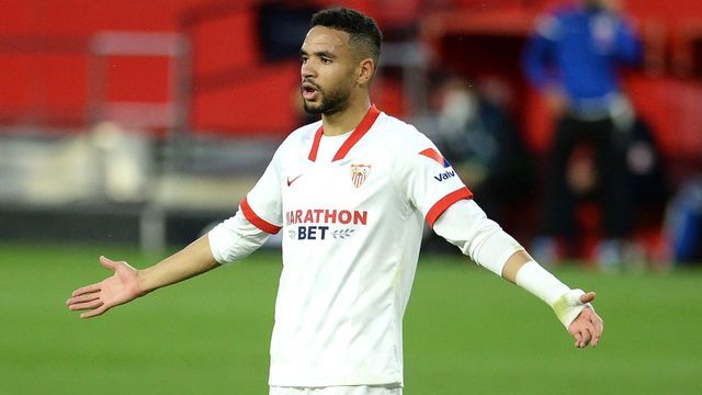 Sevilla's Moroccan forward Youssef En-Nesyri reacts during the Spanish league football match Sevilla FC against Elche CF at the Ramon Sanchez Pizjuan stadium in Seville on March 17, 2021.