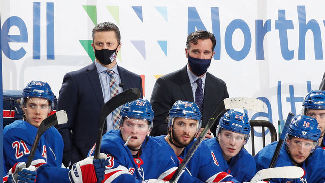 NEW YORK, NY - FEBRUARY 10: Head coach David Quinn of the New York Rangers looks on from the bench during the game against the Boston Bruins at Madison Square Garden on February 10, 2021 in New York City.