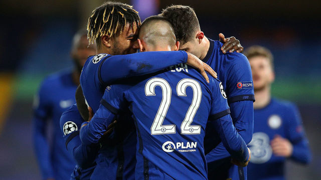 LONDON, ENGLAND - MARCH 17: Hakim Ziyech of Chelsea celebrates with teammates Reece James and Kai Havertz after scoring their team's first goal during the UEFA Champions League Round of 16 match between Chelsea FC and Atletico Madrid at Stamford Bridge on March 17, 2021 in London, England. Sporting stadiums around the UK remain under strict restrictions due to the Coronavirus Pandemic as Government social distancing laws prohibit fans inside venues resulting in games being played behind closed doors.