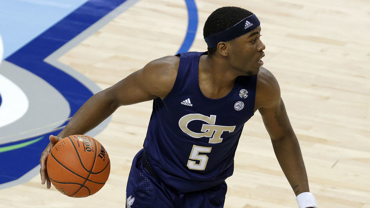 GREENSBORO, NORTH CAROLINA - MARCH 13: Moses Wright #5 of the Georgia Tech Yellow Jackets dribbles during the second half of the ACC Men's Basketball Tournament championship game against the Florida State Seminoles at Greensboro Coliseum on March 13, 2021 in Greensboro, North Carolina.
