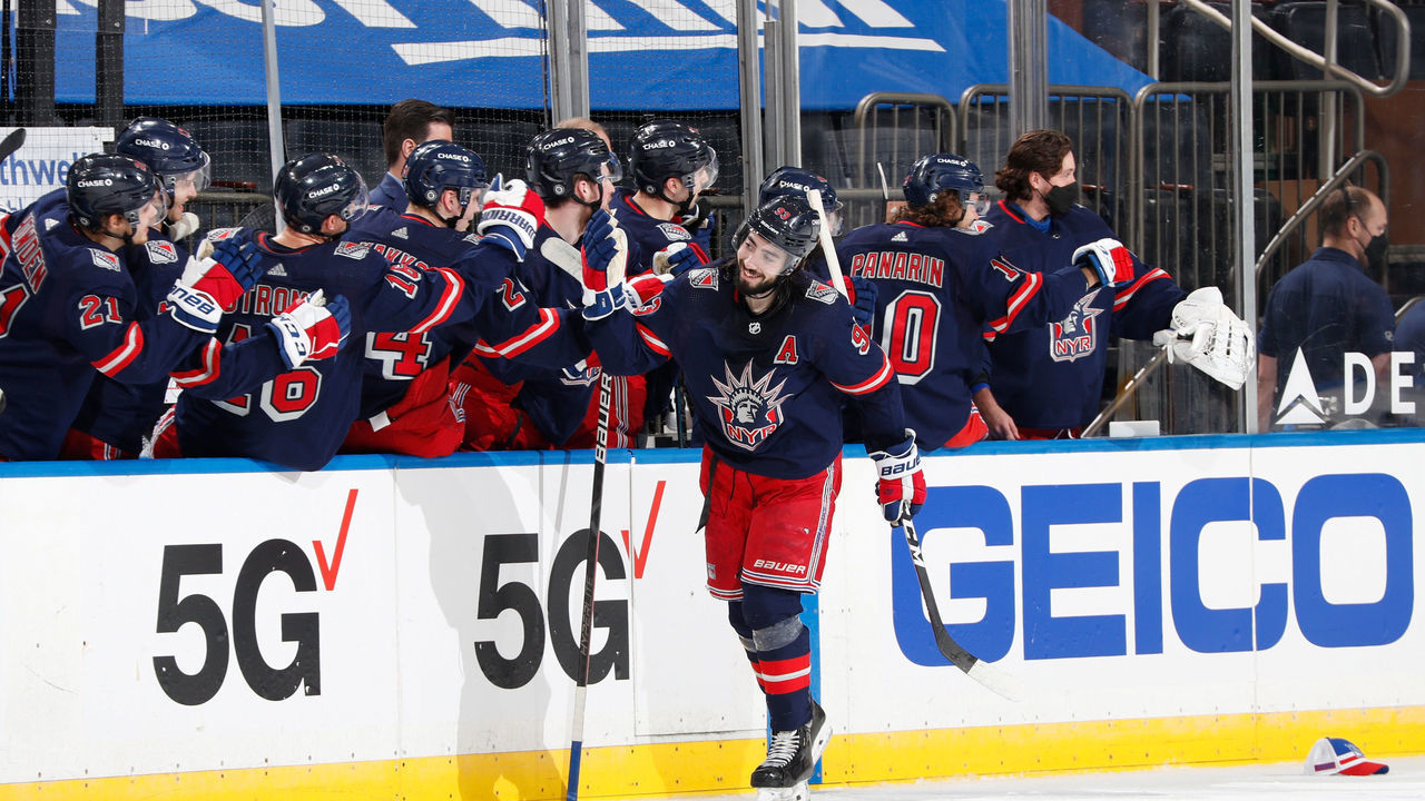 NEW YORK, NY - MARCH 17: Mika Zibanejad #93 of the New York Rangers celebrates after scoring his third goal of the game in the second period against the Philadelphia Flyers at Madison Square Garden on March 17, 2021 in New York City.