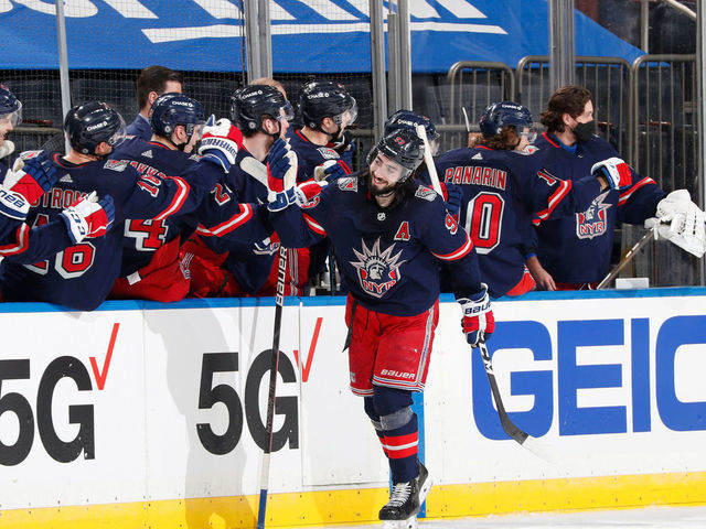 NEW YORK, NY - MARCH 17: Mika Zibanejad #93 of the New York Rangers celebrates after scoring his third goal of the game in the second period against the Philadelphia Flyers at Madison Square Garden on March 17, 2021 in New York City.