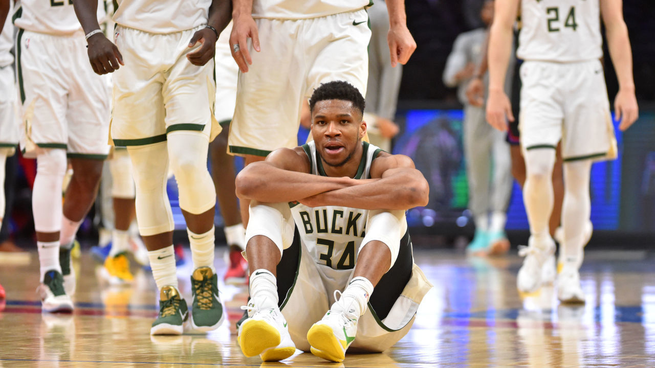 PHILADELPHIA, PA - MARCH 17: Giannis Antetokounmpo #34 of the Milwaukee Bucks reacts during a game against the Philadelphia 76ers on March 17, 2021 at Wells Fargo Center in Philadelphia, Pennsylvania. NOTE TO USER: User expressly acknowledges and agrees that, by downloading and/or using this Photograph, user is consenting to the terms and conditions of the Getty Images License Agreement. Mandatory Copyright Notice: Copyright 2021 NBAE