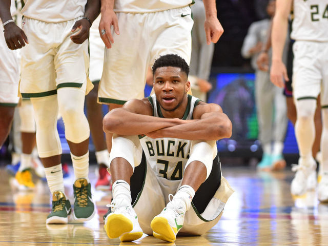 PHILADELPHIA, PA - MARCH 17: Giannis Antetokounmpo #34 of the Milwaukee Bucks reacts during a game against the Philadelphia 76ers on March 17, 2021 at Wells Fargo Center in Philadelphia, Pennsylvania. NOTE TO USER: User expressly acknowledges and agrees that, by downloading and/or using this Photograph, user is consenting to the terms and conditions of the Getty Images License Agreement. Mandatory Copyright Notice: Copyright 2021 NBAE