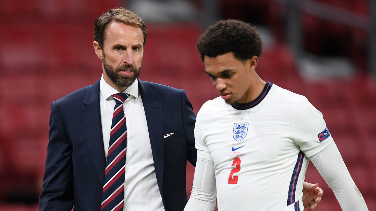 COPENHAGEN, DENMARK - SEPTEMBER 08: Gareth Southgate, Manager of England speaks with Trent Alexander-Arnold of England following the UEFA Nations League group stage match between Denmark and England at Parken Stadium on September 08, 2020 in Copenhagen, Denmark.