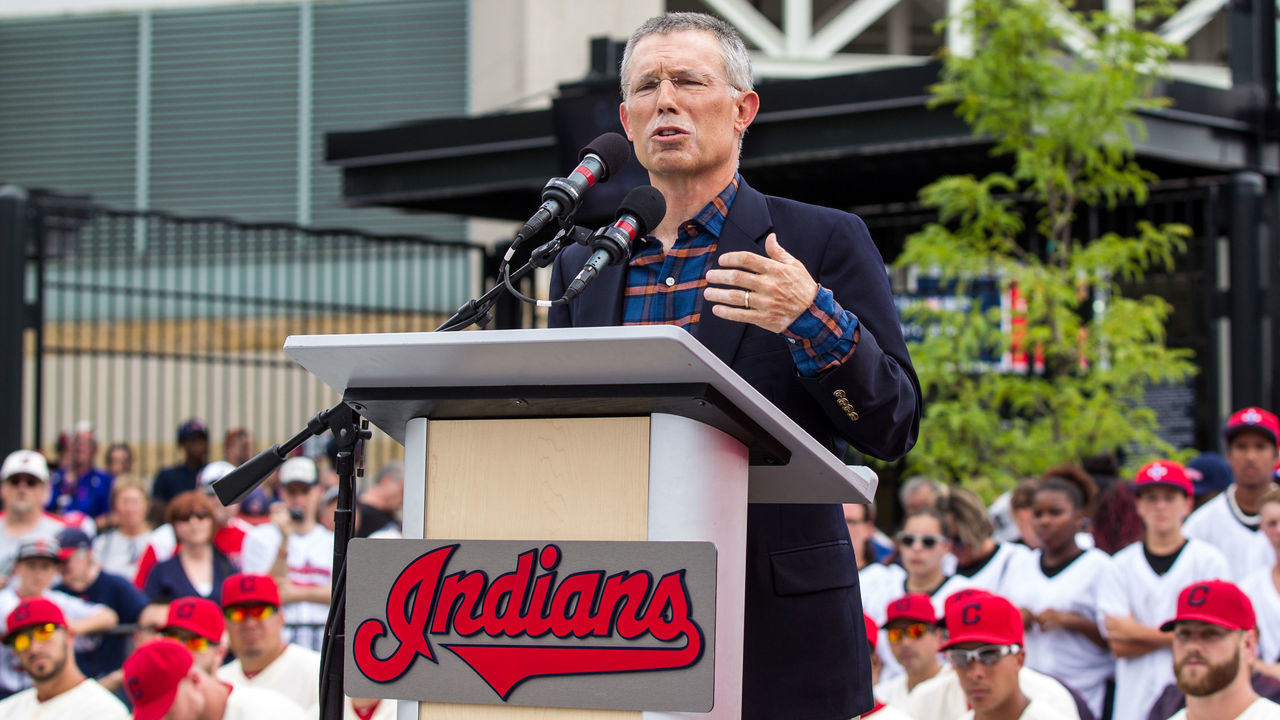 25 July 2015: Cleveland Indians owner Paul Dolan addresses the crowd as the Cleveland Indians unveil a statue of Larry Doby, the man who broke the American League color barrier, prior to the game between the Chicago White Sox and Cleveland Indians at Progressive Field in Cleveland, OH.
