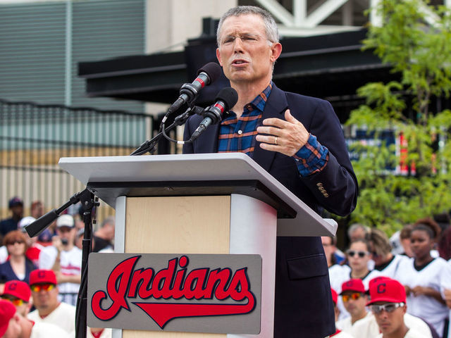 25 July 2015: Cleveland Indians owner Paul Dolan addresses the crowd as the Cleveland Indians unveil a statue of Larry Doby, the man who broke the American League color barrier, prior to the game between the Chicago White Sox and Cleveland Indians at Progressive Field in Cleveland, OH.