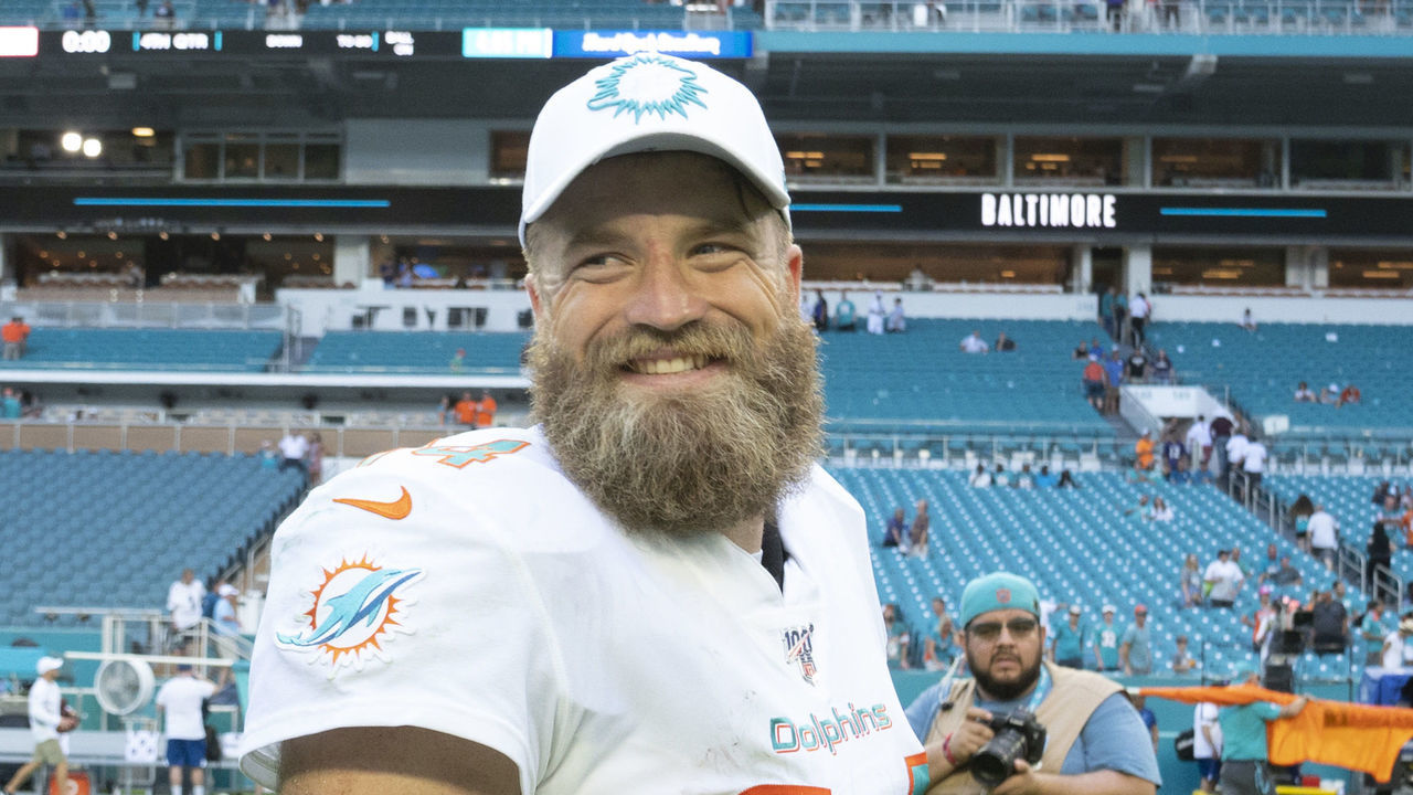 MIAMI GARDENS, FL - SEPTEMBER 08: Miami Dolphins quarterback Ryan Fitzpatrick (14) smiles on the field after the NFL game between the Baltimore Ravens and the Miami Dolphins at the Hard Rock Stadium in Miami Gardens, Florida on September 8, 2019.