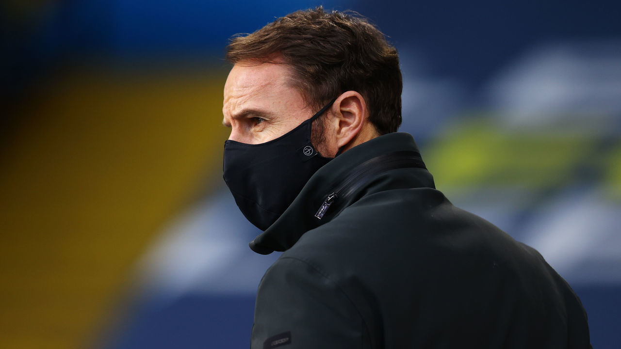 LEEDS, ENGLAND - FEBRUARY 27: Gareth Southgate, Manager of the England international team looks on prior to the Premier League match between Leeds United and Aston Villa at Elland Road on February 27, 2021 in Leeds, England. Sporting stadiums around the UK remain under strict restrictions due to the Coronavirus Pandemic as Government social distancing laws prohibit fans inside venues resulting in games being played behind closed doors.