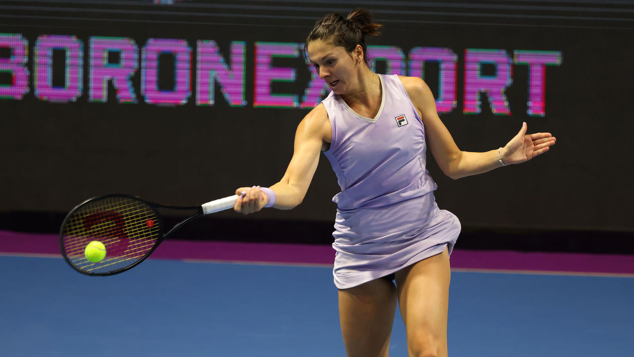 ST PETERSBURG, RUSSIA - 2021/03/18: Margarita Gasparyan of Russia playing against Katerina Siniakova of Czech Republic during the St.Petersburg Ladies Trophy 2021 tennis tournament at Sibur Arena. Final score: (Margarita Gasparyan 2-0 Katerina Siniakova).