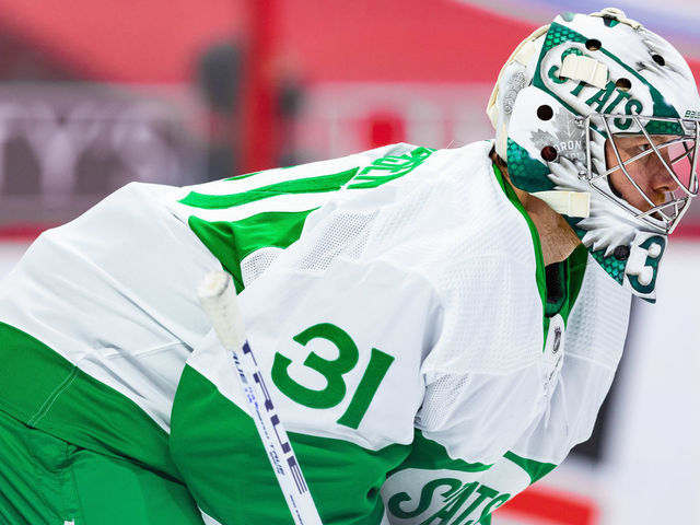OTTAWA, ON - MARCH 14: Toronto Maple Leafs Goalie Frederik Andersen (31) awaits the the play during second period National Hockey League action between the Toronto Maple Leafs and Ottawa Senators on March 14, 2021, at Canadian Tire Centre in Ottawa, ON, Canada.