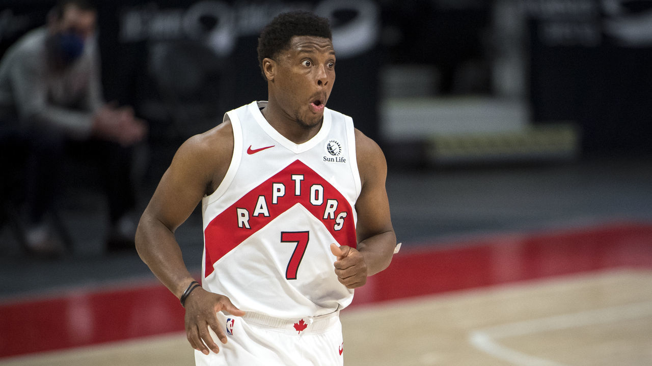 DETROIT, MICHIGAN - MARCH 17: Kyle Lowry #7 of the Toronto Raptors reacts after a collision during the second quarter against the Detroit Pistons at Little Caesars Arena on March 17, 2021 in Detroit, Michigan.