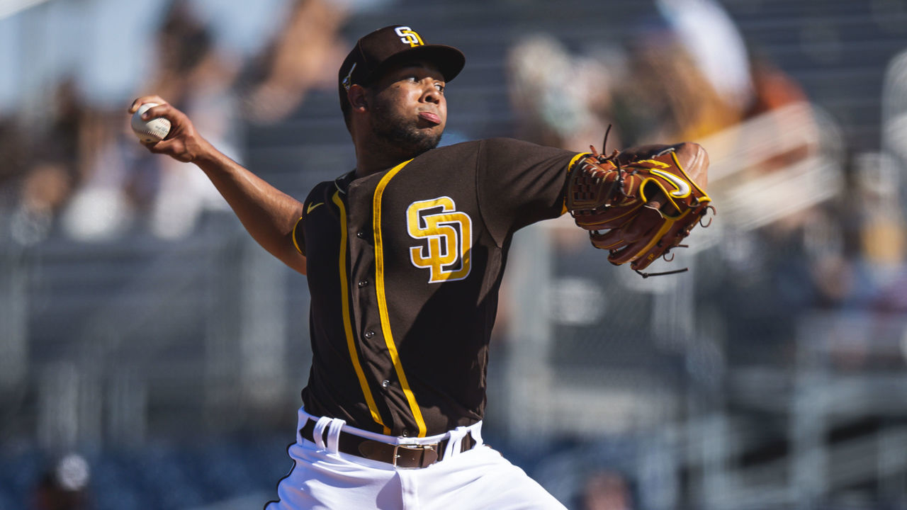 PEORIA, AZ - MARCH 18: Pitcher Anderson Espinoza #70 of the San Diego Padres delivers a pitch against the Oakland Athletics at the Peoria Sports Complex on March 18, 2021 in Peoria, Arizona.