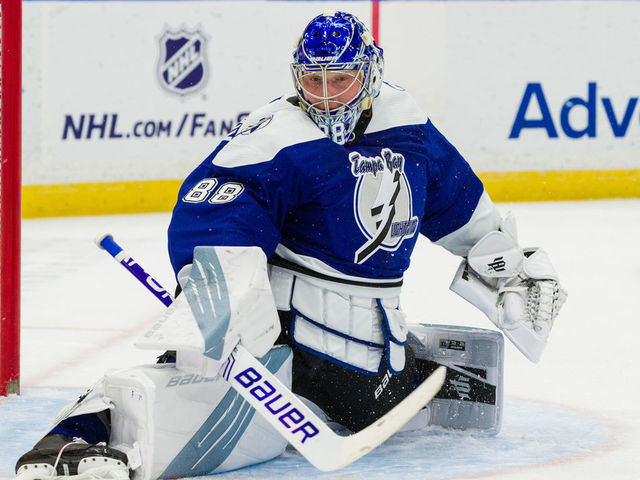 Tampa Bay Lightning goalie Andrei Vasilevskiy (88) skates with his