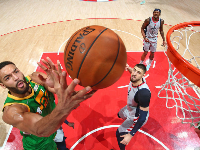 WASHINGTON, DC - MARCH 18: Rudy Gobert #27 of the Utah Jazz shoots the ball against the Washington Wizards on March 18, 2021 at Capital One Arena in Washington, DC. Mandatory Copyright Notice: Copyright 2021 NBAE