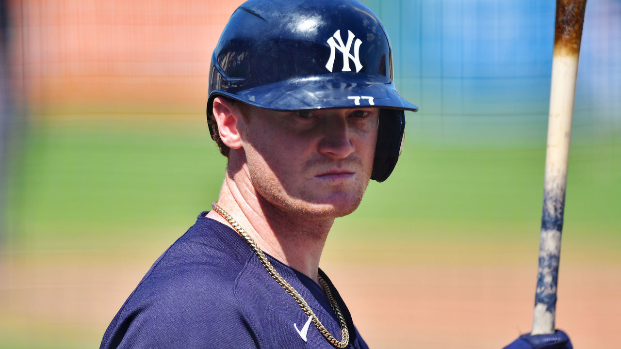 LAKELAND, FLORIDA - MARCH 12: Clint Frazier #77 of the New York Yankees looks on in the third inning against the Detroit Tigers during a spring training game on March 12, 2021 at Joker Marchant Stadium in Lakeland, Florida.