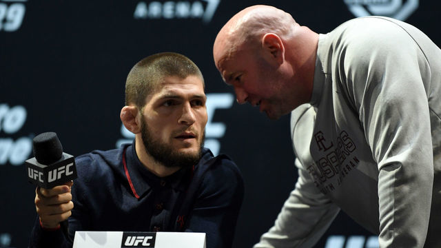 LAS VEGAS, NEVADA - OCTOBER 04: UFC lightweight champion Khabib Nurmagomedov speaks to UFC president Dana White during the UFC 229 Press Conference inside The Park Theater at Park MGM on October 4, 2018 in Las Vegas, Nevada.