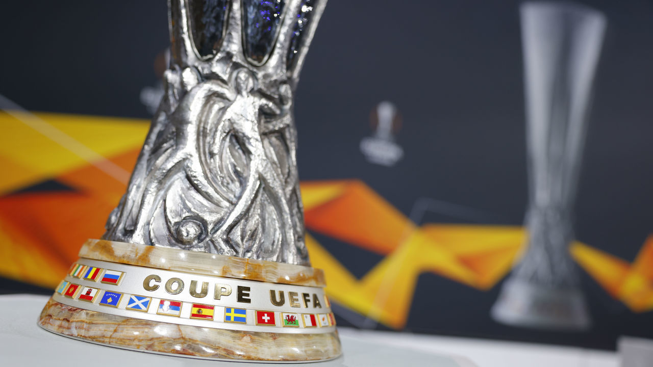NYON, SWITZERLAND - MARCH 19: A detailed view of the UEFA Europa League trophy ahead of the UEFA Europa League 2020/21 Quarter-finals and Semi-finals draw at the UEFA headquarters, The House of European Football on March 19, 2021 in Nyon, Switzerland.