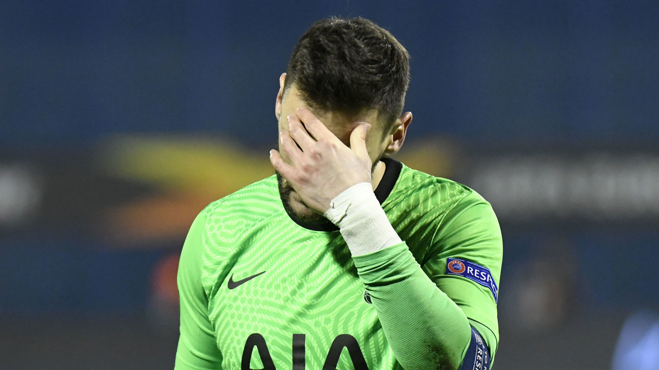 ZAGREB, CROATIA - MARCH 18: Hugo Lloris of Tottenham Hotspur reacts following defeat in the UEFA Europa League Round of 16 Second Leg match between Dinamo Zagreb and Tottenham Hotspur at Stadion Maksimir on March 18, 2021 in Zagreb, Croatia. Sporting stadiums around Europe remain under strict restrictions due to the Coronavirus Pandemic as Government social distancing laws prohibit fans inside venues resulting in games being played behind closed doors.