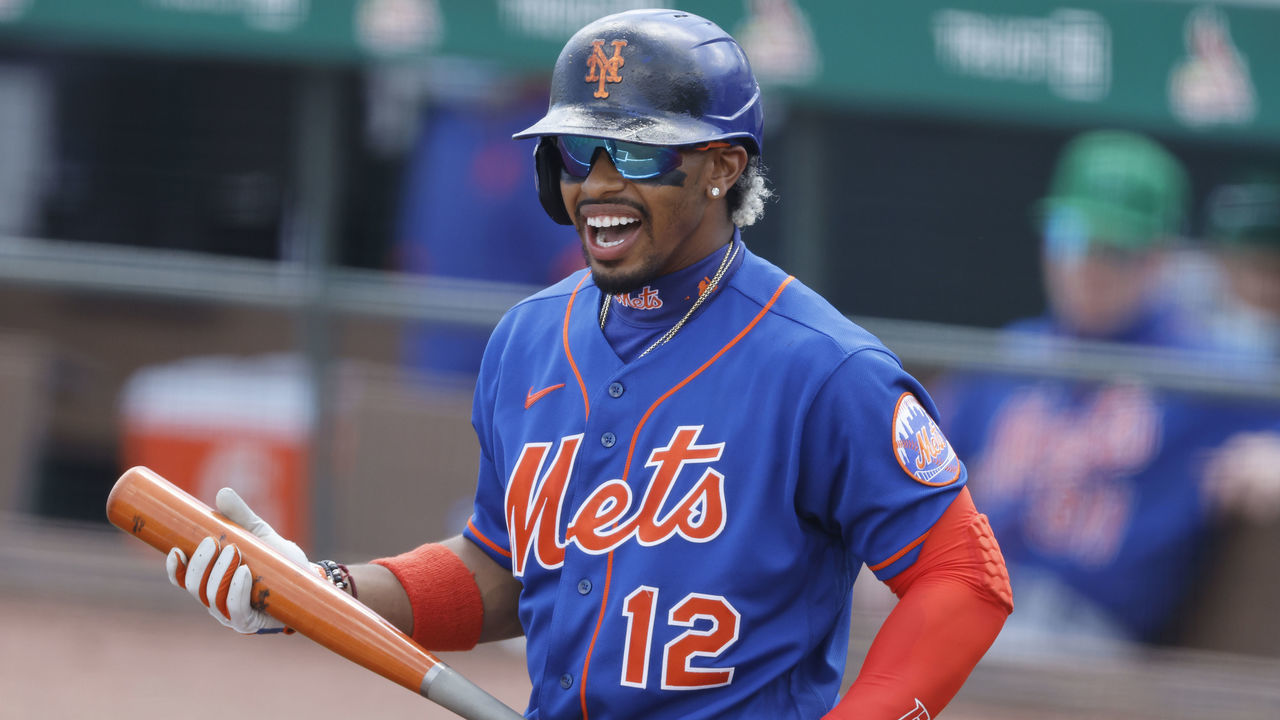JUPITER, FLORIDA - MARCH 17: Francisco Lindor #12 of the New York Mets looks on during the first inning against the Miami Marlins of a Grapefruit League spring training game at Roger Dean Stadium on March 17, 2021 in Jupiter, Florida.