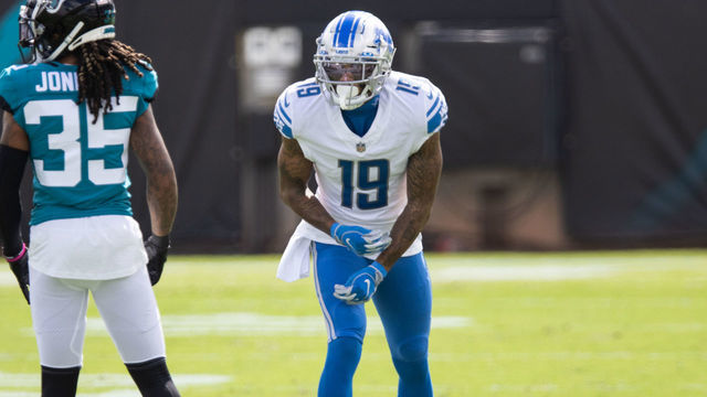 JACKSONVILLE, FLORIDA - OCTOBER 18: Kenny Golladay #19 of the Detroit Lions and Sidney Jones #35 of the Jacksonville Jaguars look on during the first half of a game at TIAA Bank Field on October 18, 2020 in Jacksonville, Florida.