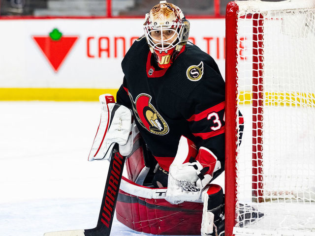 OTTAWA, ON - MARCH 17: Ottawa Senators Goalie Joey Daccord (34) tracks the play to the corner during first period National Hockey League action between the Vancouver Canucks and Ottawa Senators on March 17, 2021, at Canadian Tire Centre in Ottawa, ON, Canada.