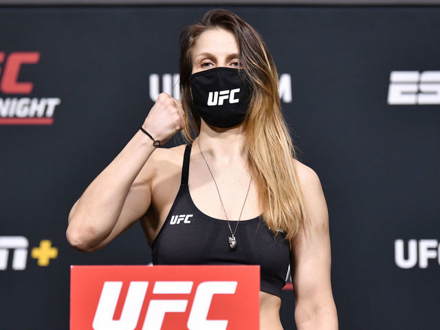 LAS VEGAS, NEVADA - MARCH 19: Julija Stoliarenko of Lithuania poses on the scale during the UFC weigh-in at UFC APEX on March 19, 2021 in Las Vegas, Nevada.