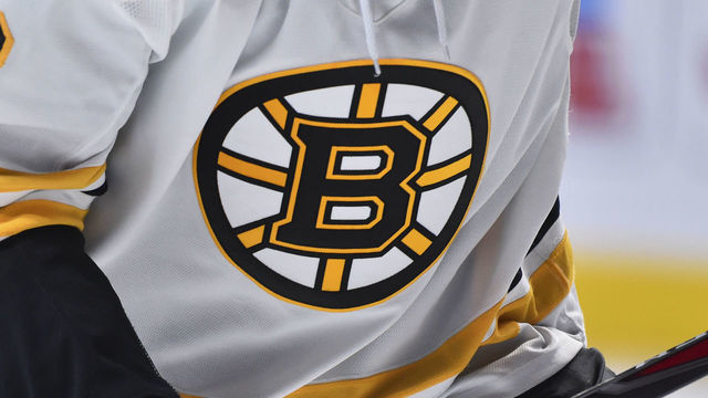 MONTREAL, QC - NOVEMBER 26: A detail of the Boston Bruins logo is seen during the third period against the Montreal Canadiens at the Bell Centre on November 26, 2019 in Montreal, Canada. The Boston Bruins defeated the Montreal Canadiens 8-1.