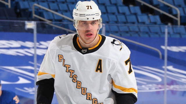 BUFFALO, NY - MARCH 13: Evgeni Malkin #71 of the Pittsburgh Penguins skates during an NHL game against the Buffalo Sabres on March 13, 2021 at KeyBank Center in Buffalo, New York.